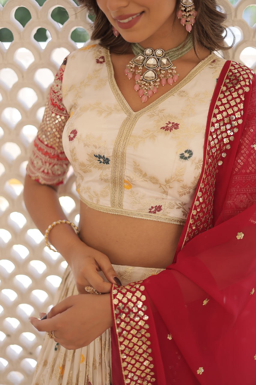 Lorenvalley Cream Pure Viscose Jacquard with 2D Dyeing and Embroidered Sequins work Lehenga Choli - Distacart