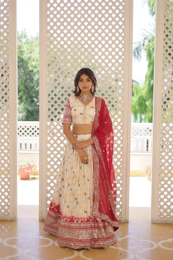 Lorenvalley Cream Pure Viscose Jacquard with 2D Dyeing and Embroidered Sequins work Lehenga Choli - Distacart