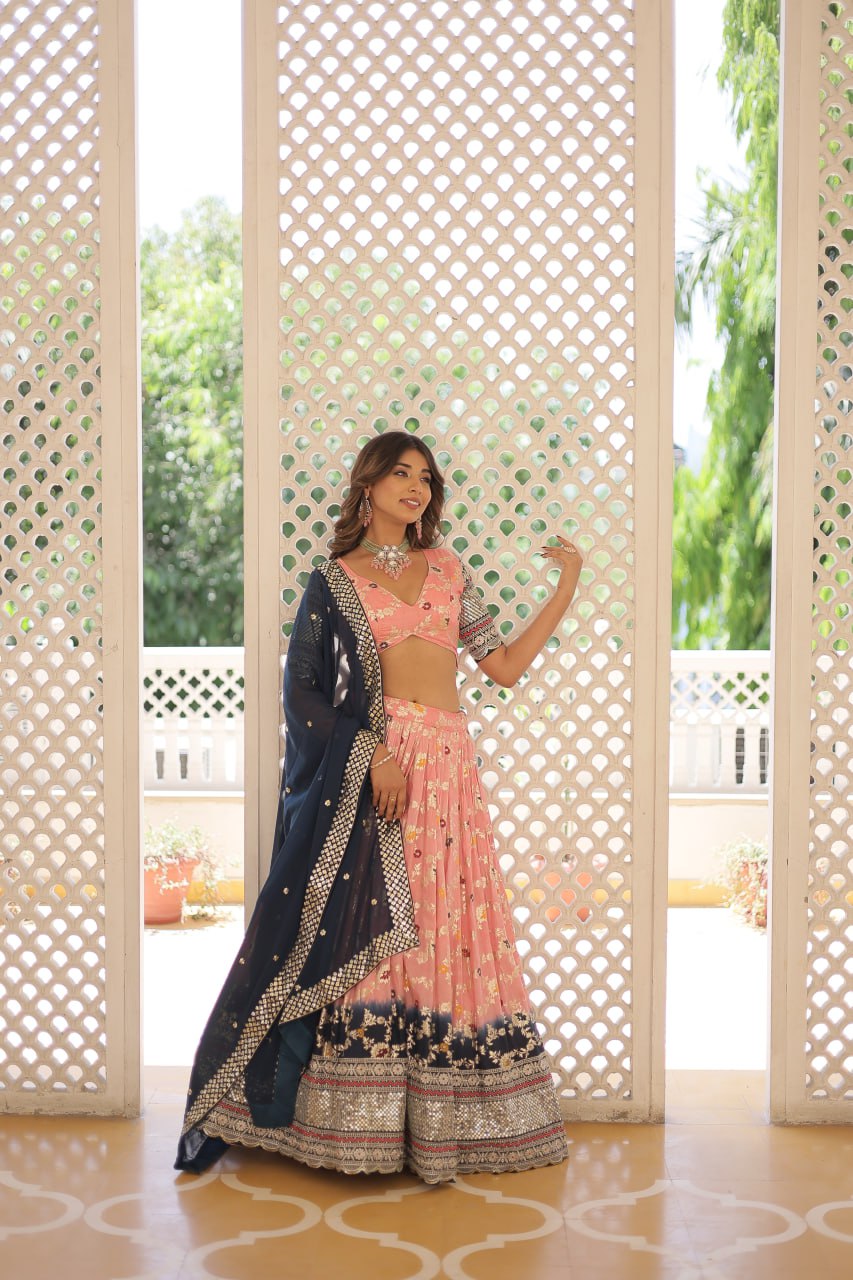 Lorenvalley Peach Pure Viscose Jacquard with 2D Dyeing and Embroidered Sequins work Lehenga Choli - Distacart