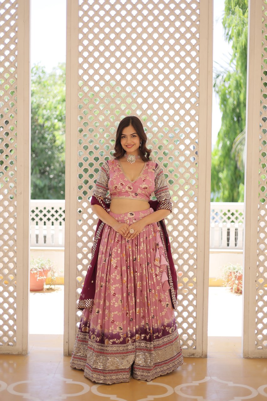 Lorenvalley Pink Pure Viscose Jacquard with 2D Dyeing and Embroidered Sequins work Lehenga Choli - Distacart