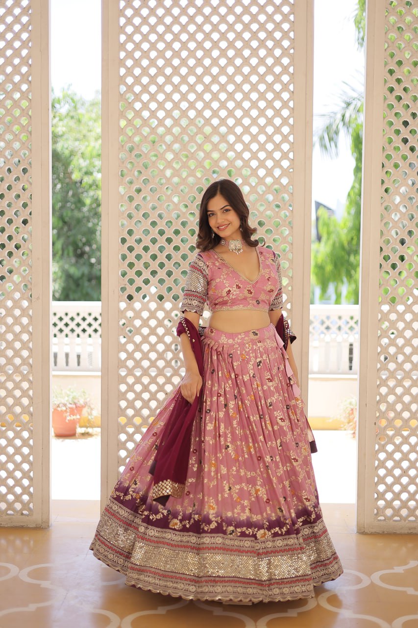 Lorenvalley Pink Pure Viscose Jacquard with 2D Dyeing and Embroidered Sequins work Lehenga Choli - Distacart