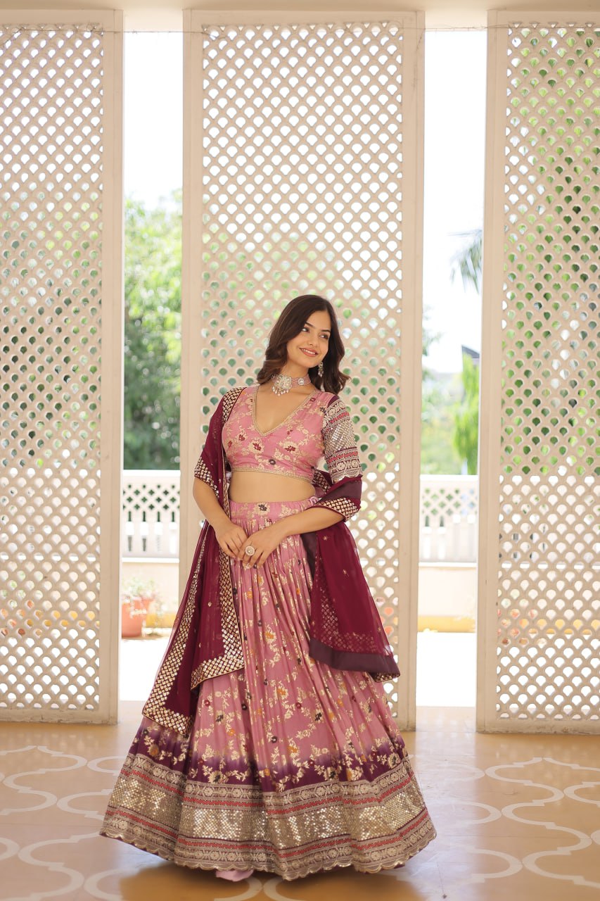 Lorenvalley Pink Pure Viscose Jacquard with 2D Dyeing and Embroidered Sequins work Lehenga Choli - Distacart