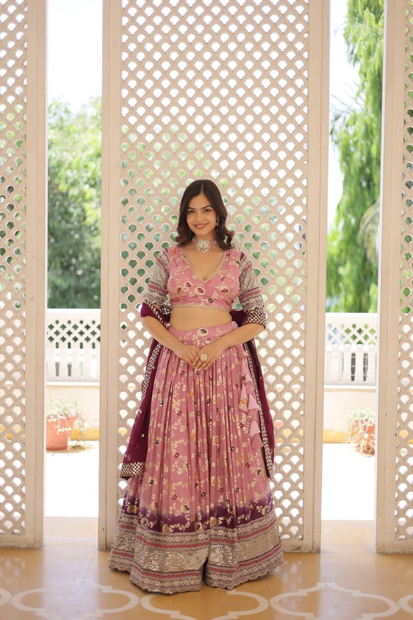 Lorenvalley Pink Pure Viscose Jacquard with 2D Dyeing and Embroidered Sequins work Lehenga Choli - Distacart