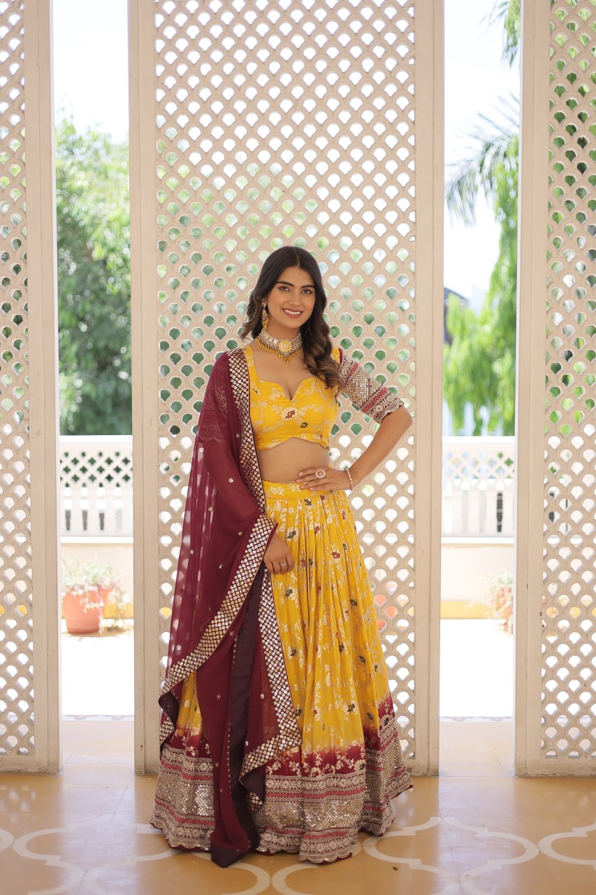 Lorenvalley Yellow Pure Viscose Jacquard with 2D Dyeing and Embroidered Sequins work Lehenga Choli - Distacart