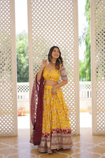Thumbnail for Lorenvalley Yellow Pure Viscose Jacquard with 2D Dyeing and Embroidered Sequins work Lehenga Choli - Distacart