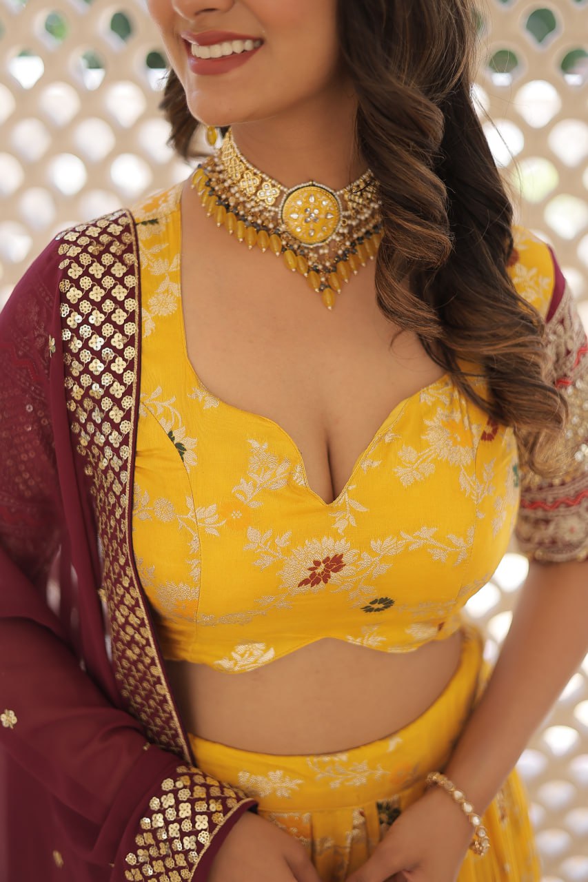 Lorenvalley Yellow Pure Viscose Jacquard with 2D Dyeing and Embroidered Sequins work Lehenga Choli - Distacart