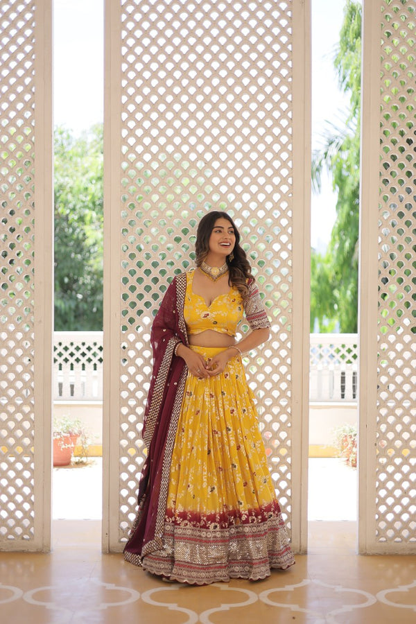 Lorenvalley Yellow Pure Viscose Jacquard with 2D Dyeing and Embroidered Sequins work Lehenga Choli - Distacart