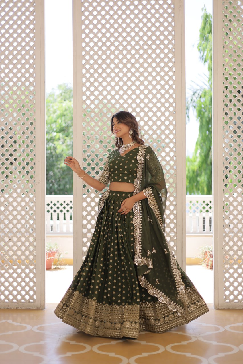 Lorenvalley Green Pure Viscose Jacquard with Double Zari work Lehenga Choli - Distacart