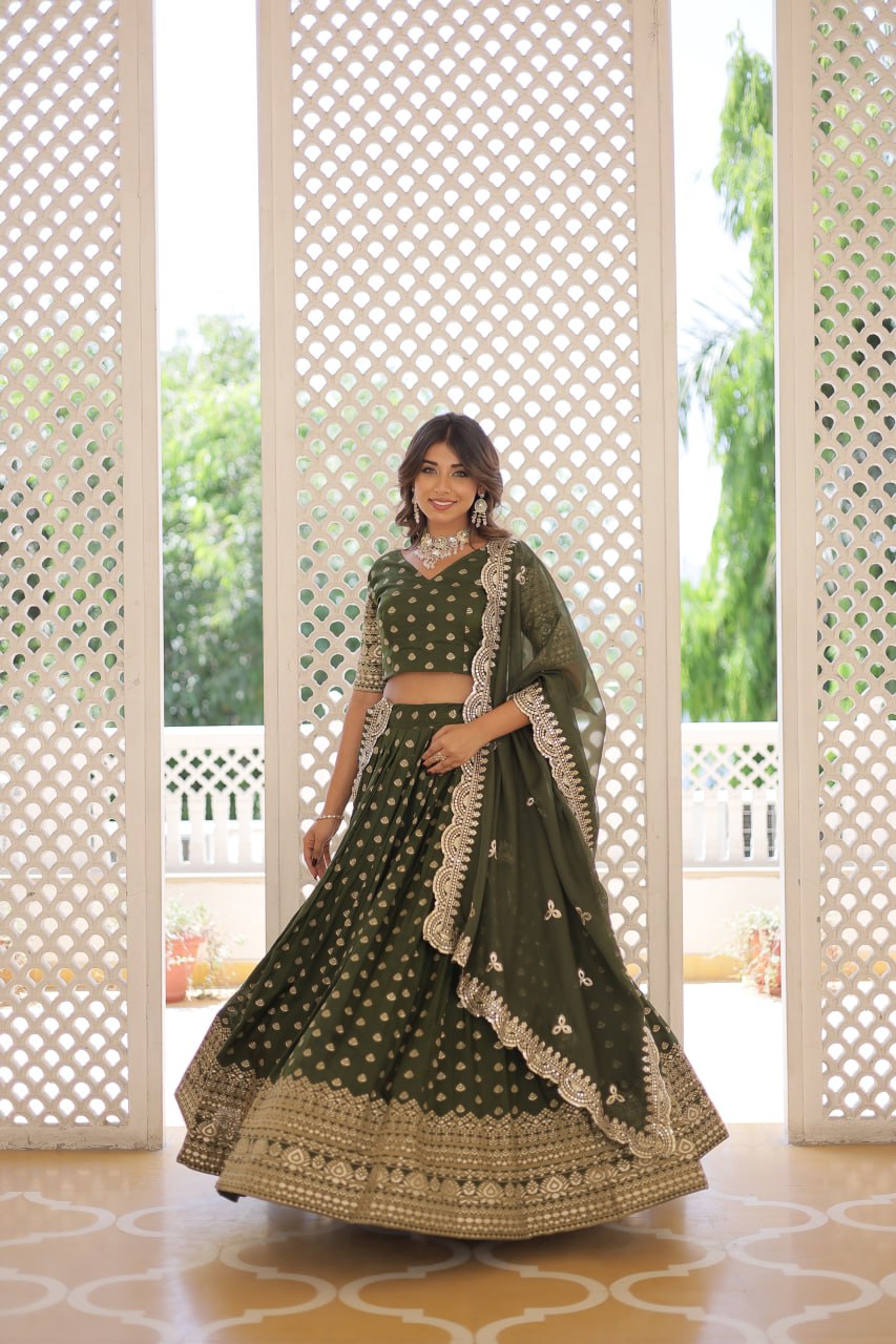 Lorenvalley Green Pure Viscose Jacquard with Double Zari work Lehenga Choli - Distacart