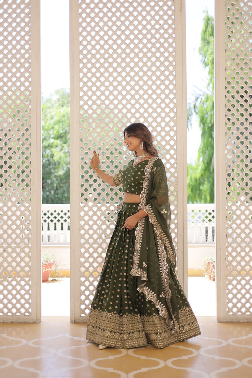 Lorenvalley Green Pure Viscose Jacquard with Double Zari work Lehenga Choli - Distacart