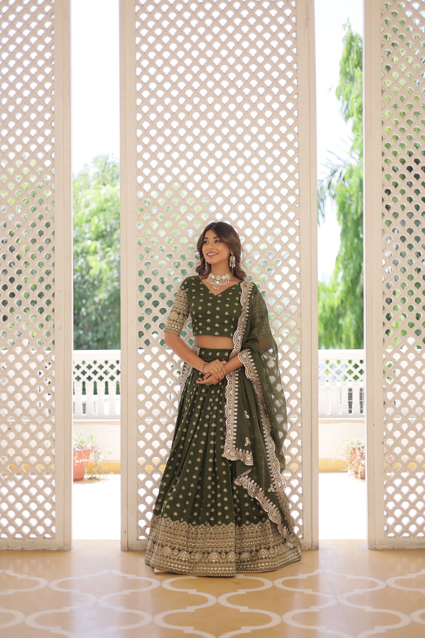 Lorenvalley Green Pure Viscose Jacquard with Double Zari work Lehenga Choli - Distacart