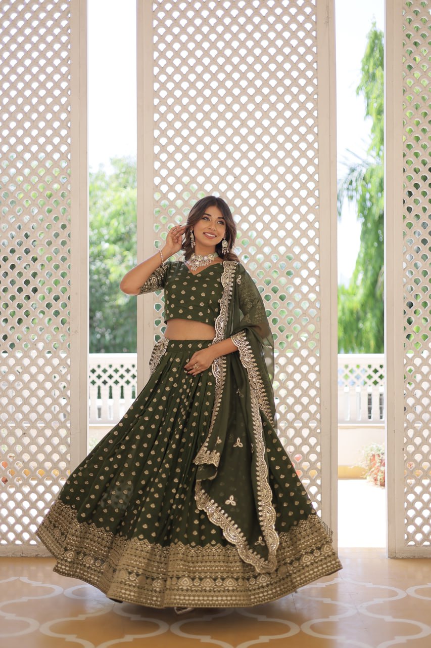 Lorenvalley Green Pure Viscose Jacquard with Double Zari work Lehenga Choli - Distacart