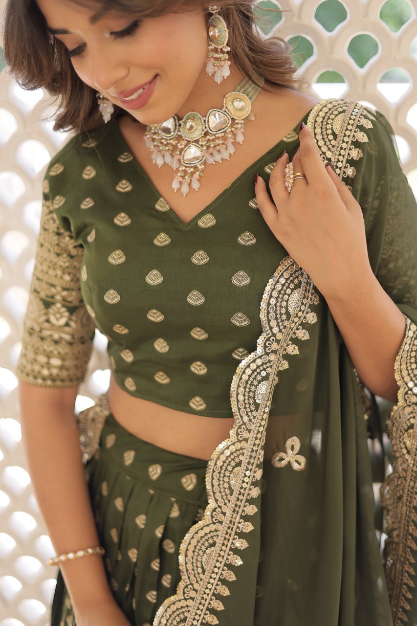 Lorenvalley Green Pure Viscose Jacquard with Double Zari work Lehenga Choli - Distacart