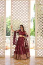 Thumbnail for Lorenvalley Maroon Pure Viscose Jacquard with Double Zari work Lehenga Choli - Distacart
