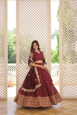 Thumbnail for Lorenvalley Maroon Pure Viscose Jacquard with Double Zari work Lehenga Choli - Distacart