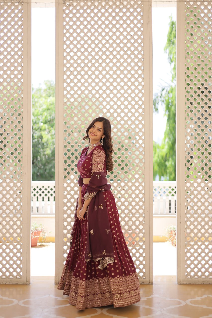 Lorenvalley Maroon Pure Viscose Jacquard with Double Zari work Lehenga Choli - Distacart