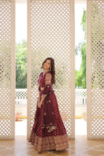 Thumbnail for Lorenvalley Maroon Pure Viscose Jacquard with Double Zari work Lehenga Choli - Distacart