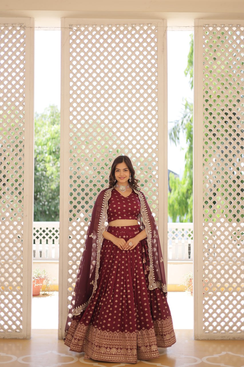 Lorenvalley Maroon Pure Viscose Jacquard with Double Zari work Lehenga Choli - Distacart