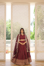 Thumbnail for Lorenvalley Maroon Pure Viscose Jacquard with Double Zari work Lehenga Choli - Distacart