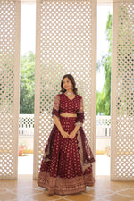 Thumbnail for Lorenvalley Maroon Pure Viscose Jacquard with Double Zari work Lehenga Choli - Distacart