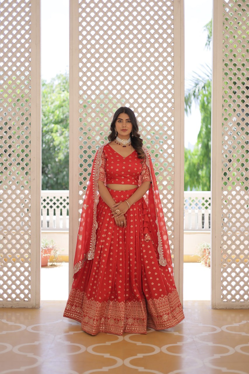 Lorenvalley Red Pure Viscose Jacquard with Double Zari work Lehenga Choli - Distacart