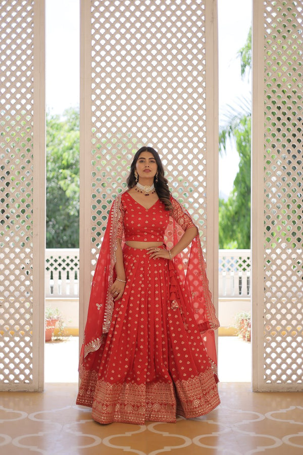 Lorenvalley Red Pure Viscose Jacquard with Double Zari work Lehenga Choli - Distacart