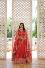 Thumbnail for Lorenvalley Red Pure Viscose Jacquard with Double Zari work Lehenga Choli - Distacart