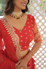 Thumbnail for Lorenvalley Red Pure Viscose Jacquard with Double Zari work Lehenga Choli - Distacart