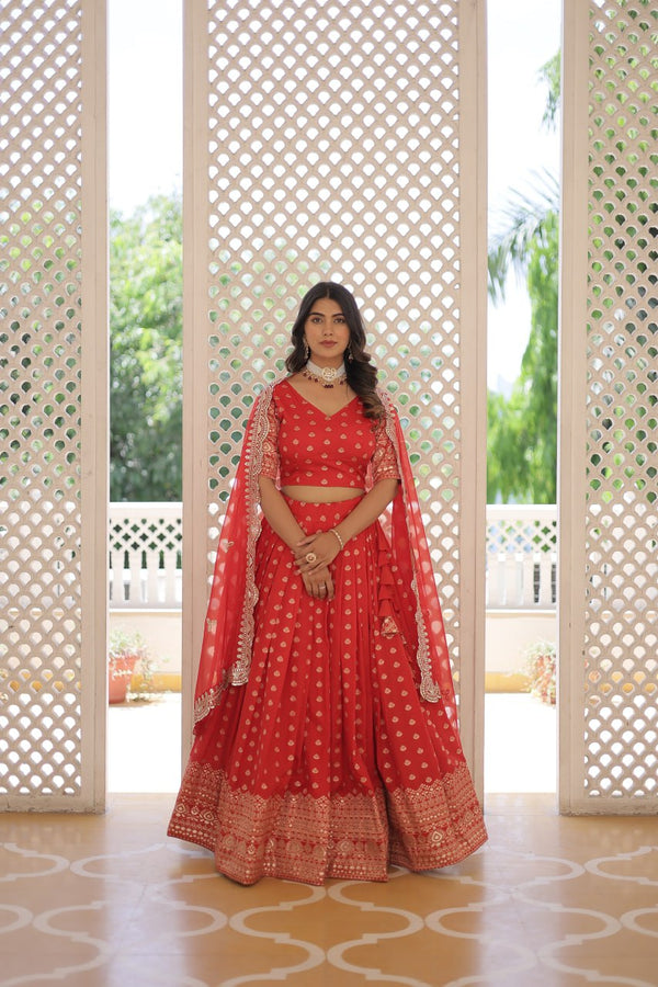 Lorenvalley Red Pure Viscose Jacquard with Double Zari work Lehenga Choli - Distacart