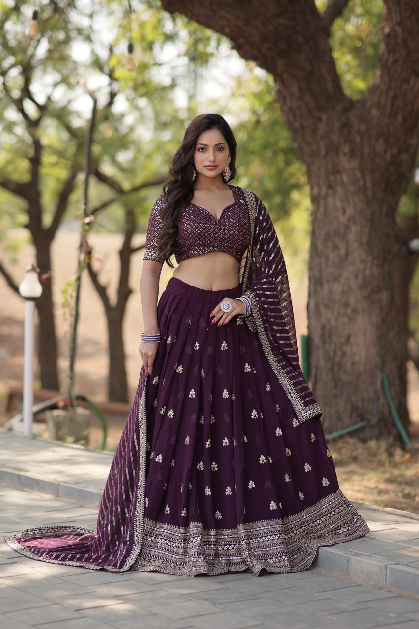 Lorenvalley Purple Faux Blooming Georgette with Sequins & Thread Embroidered work Lehenga Choli - Distacart