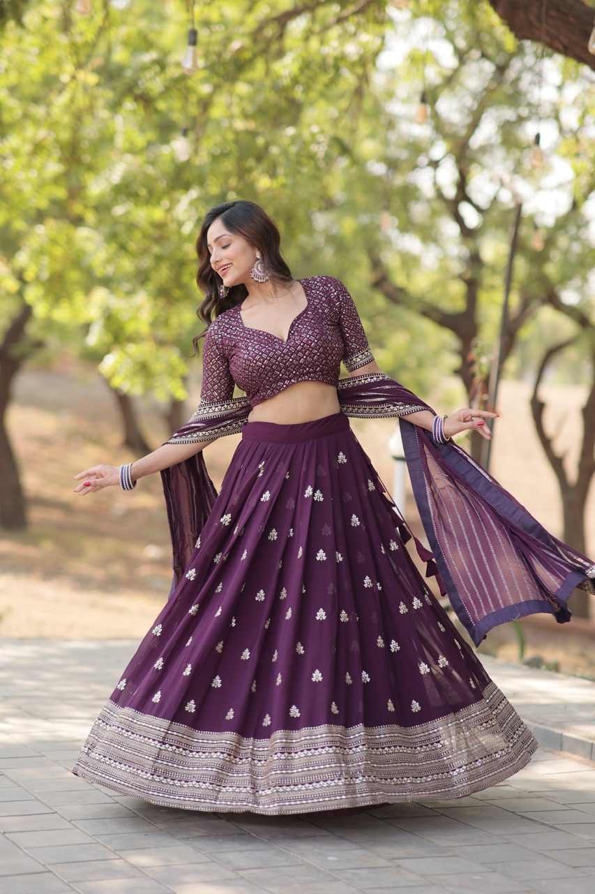 Lorenvalley Purple Faux Blooming Georgette with Sequins & Thread Embroidered work Lehenga Choli - Distacart