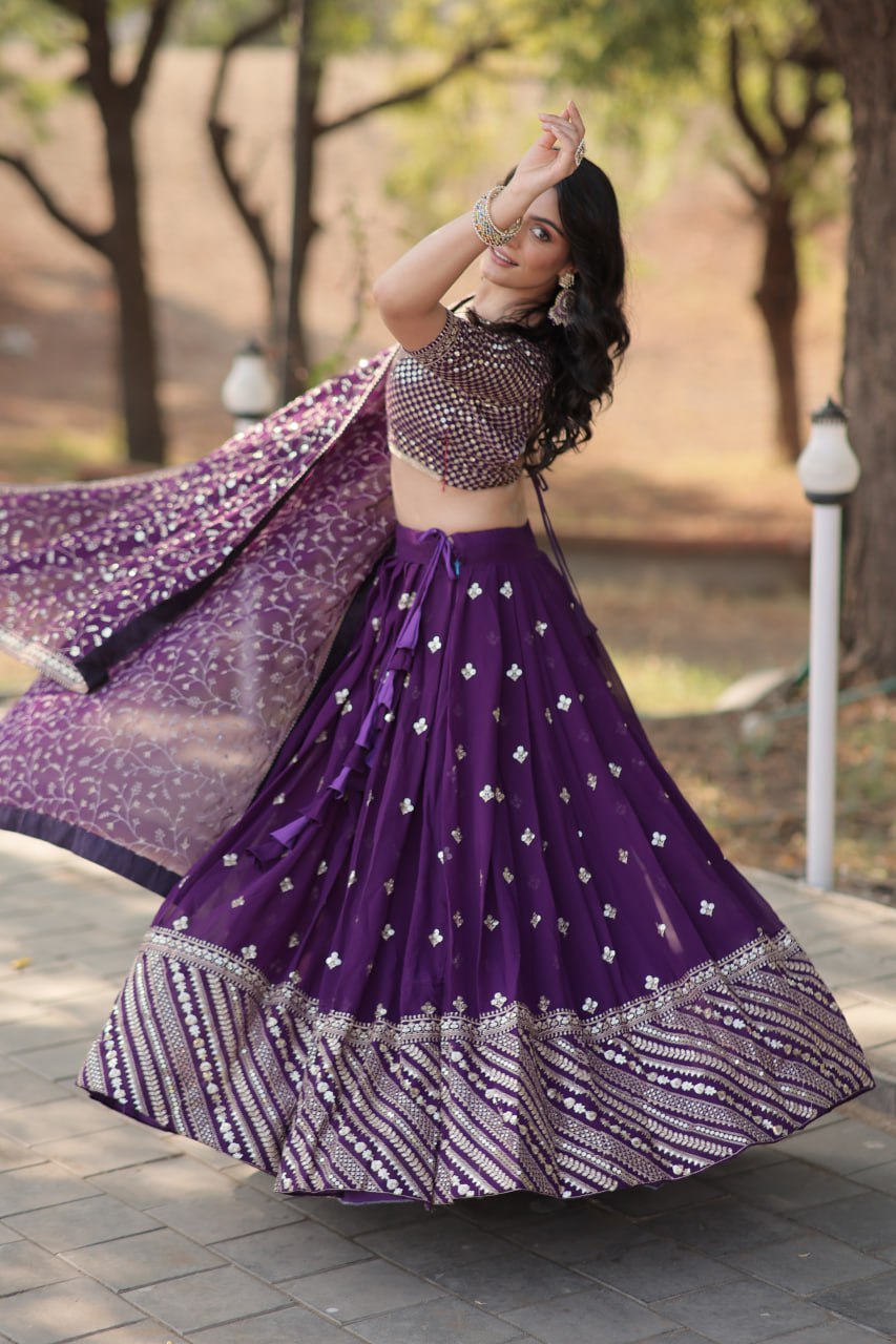 Lorenvalley Purple Faux Blooming Georgette with Sequins & Thread Embroidered work Lehenga Choli - Distacart