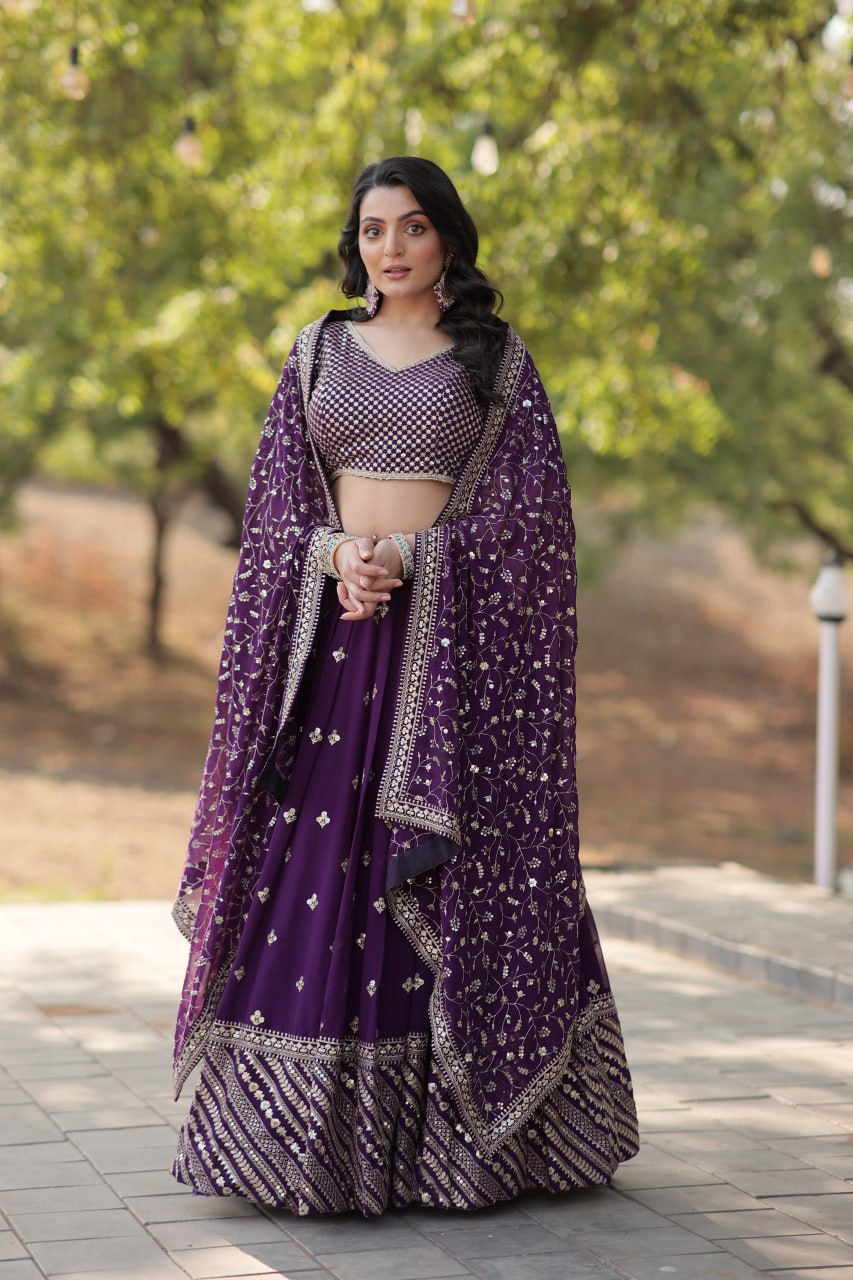 Lorenvalley Purple Faux Blooming Georgette with Sequins & Thread Embroidered work Lehenga Choli - Distacart