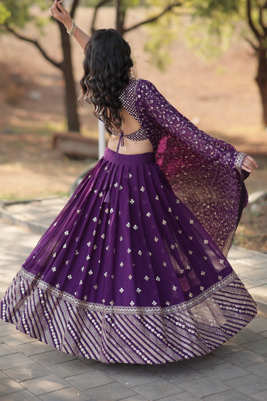 Lorenvalley Purple Faux Blooming Georgette with Sequins & Thread Embroidered work Lehenga Choli - Distacart