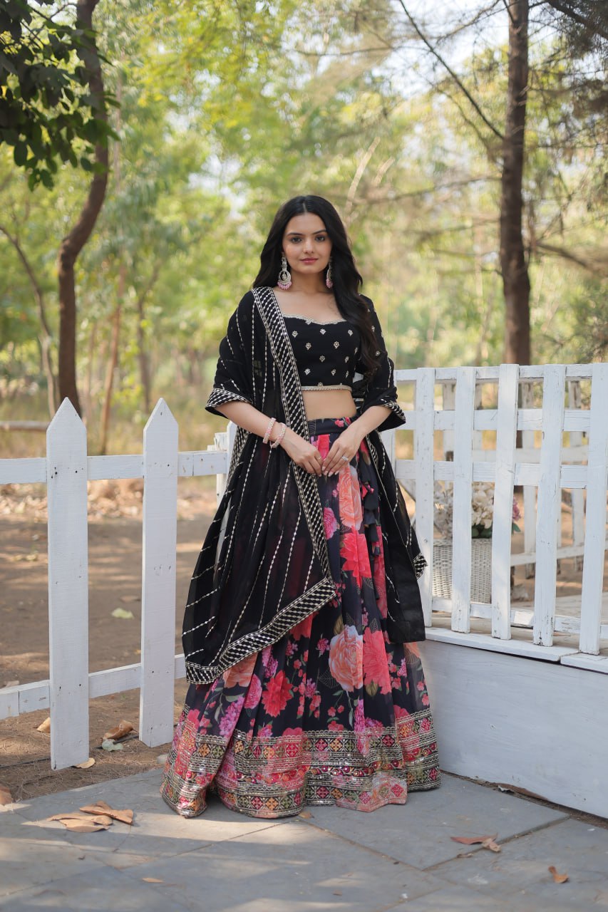 Lorenvalley Black Faux Georgette Digital Printed with Sequins & Thread Embroidered work Lehenga Choli - Distacart