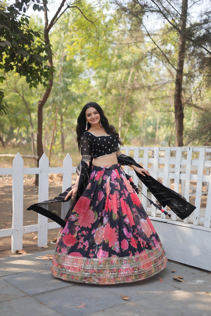 Lorenvalley Black Faux Georgette Digital Printed with Sequins & Thread Embroidered work Lehenga Choli - Distacart