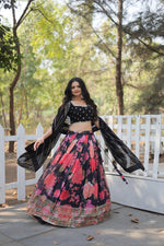 Thumbnail for Lorenvalley Black Faux Georgette Digital Printed with Sequins & Thread Embroidered work Lehenga Choli - Distacart