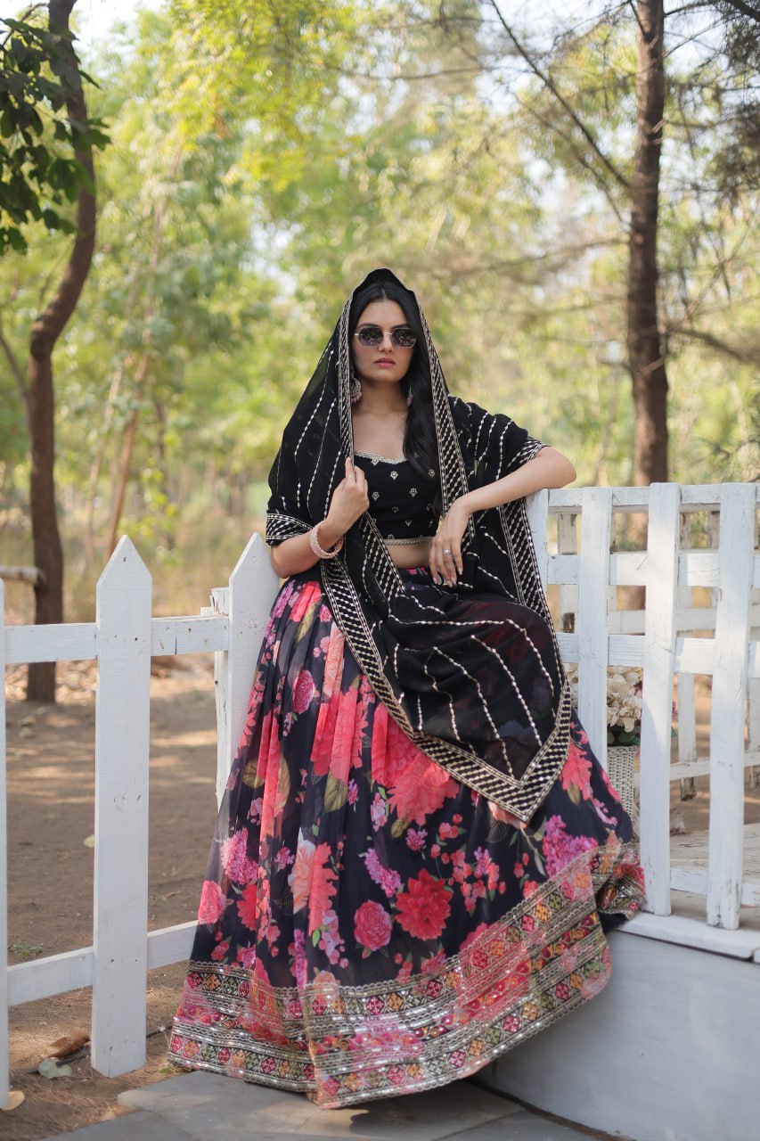 Lorenvalley Black Faux Georgette Digital Printed with Sequins & Thread Embroidered work Lehenga Choli - Distacart