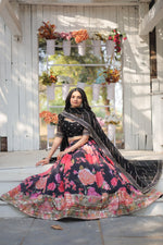 Thumbnail for Lorenvalley Black Faux Georgette Digital Printed with Sequins & Thread Embroidered work Lehenga Choli - Distacart