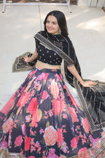 Thumbnail for Lorenvalley Black Faux Georgette Digital Printed with Sequins & Thread Embroidered work Lehenga Choli - Distacart