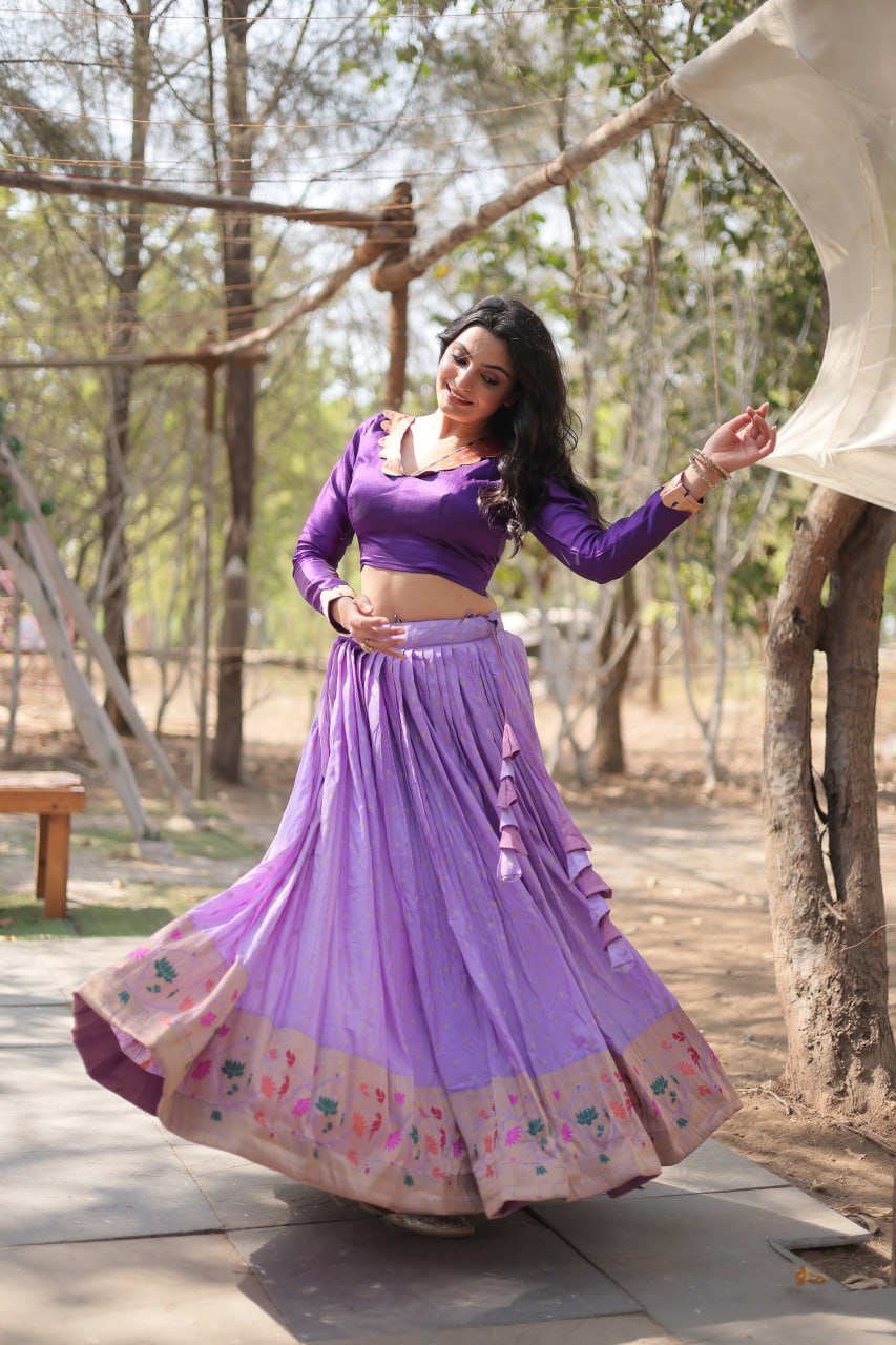 Lorenvalley Lavender Pure Viscose Jacquard with Kalamkari Jari Border Lehenga Choli - Distacart