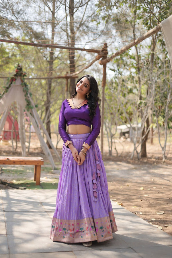 Lorenvalley Lavender Pure Viscose Jacquard with Kalamkari Jari Border Lehenga Choli - Distacart