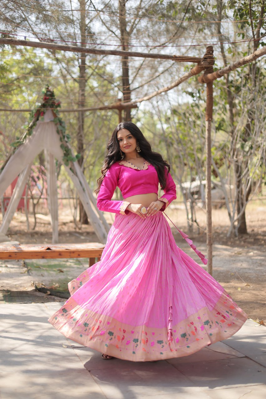 Lorenvalley Pink Pure Viscose Jacquard with Kalamkari Jari Border Lehenga Choli - Distacart