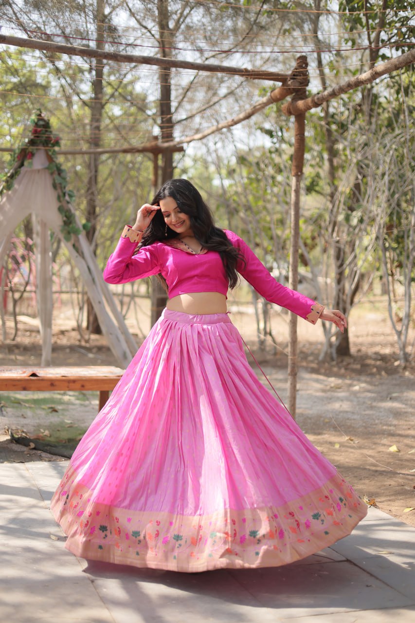 Lorenvalley Pink Pure Viscose Jacquard with Kalamkari Jari Border Lehenga Choli - Distacart