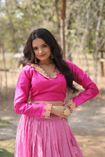 Thumbnail for Lorenvalley Pink Pure Viscose Jacquard with Kalamkari Jari Border Lehenga Choli - Distacart