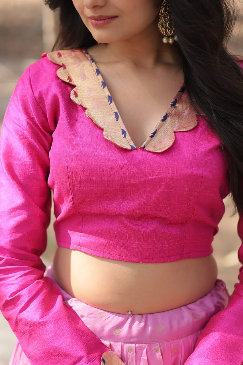 Lorenvalley Pink Pure Viscose Jacquard with Kalamkari Jari Border Lehenga Choli - Distacart