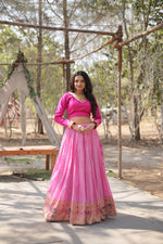 Thumbnail for Lorenvalley Pink Pure Viscose Jacquard with Kalamkari Jari Border Lehenga Choli - Distacart