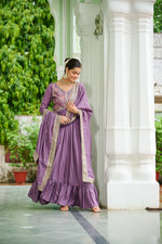 Thumbnail for Evanik Designer Vichitra Silk with Rich Embroidered Zari & Thread Work Gown Dupatta - Distacart