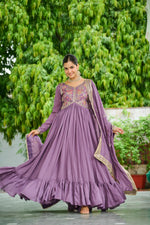 Thumbnail for Evanik Designer Vichitra Silk with Rich Embroidered Zari & Thread Work Gown Dupatta - Distacart