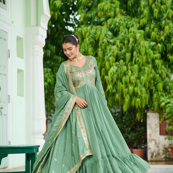 Evanik Designer Vichitra Silk with Rich Embroidered Zari & Thread Work Gown Dupatta - Distacart